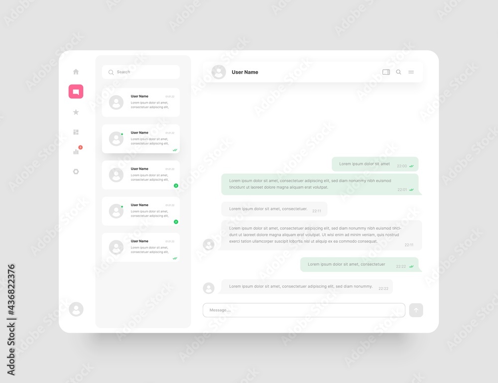 Poster dashboard design with chat, social media, online messenger kit. app interface with ui and ux element