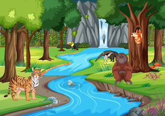 Forest scene with different wild animals