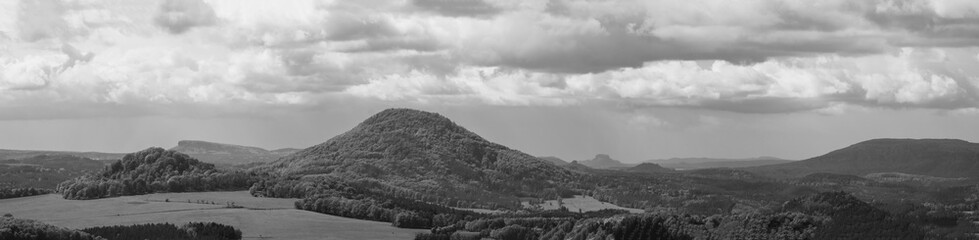 scenic view of Lusatian Mountains. Panoramic monochrome black and white view from Jehla Mountain