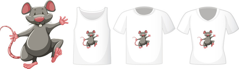 Mouse in stand position cartoon character with many types of shirts on white background