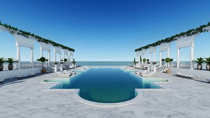 3d render pool villa in Italy with swimming pool sea view on the relax beach