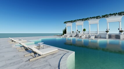 3d render pool villa in Italy with swimming pool sea view  sea view in the dream on beach bed