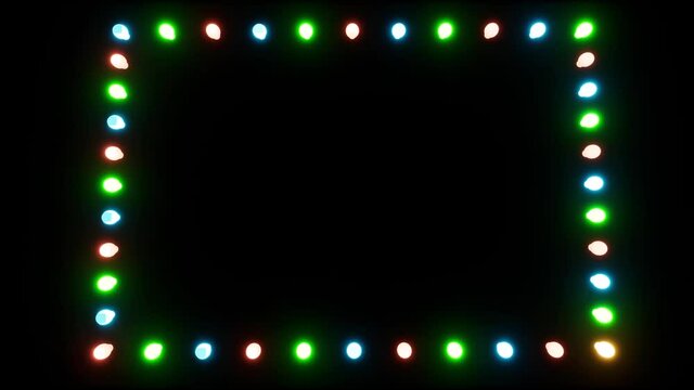 Beautiful isolated Christmas color neon lights string rectangle on black 4k