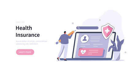 Patient character filling, calculating and signing health insurance contract online on laptop. Modern health care services and online telemedicine concept. Flat cartoon vector illustration.