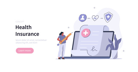 Patient character filling data and signing health insurance contract online on laptop. Modern health care services and online telemedicine concept. Flat cartoon vector illustration.