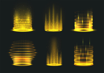 Portal yellow light effect set vector illustration level up and teleportation bright wrapped aura - obrazy, fototapety, plakaty