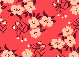 Abstract Hand Drawing Japanese Flowers and Leaves Seamless Pattern Isolated Background