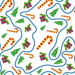 Vector seamless pattern of Christmas items. Winter forest, pine trees, ribbon, candy, and gifts are printed on fabric, wrapping paper, or wallpaper. Vector Christmas template.