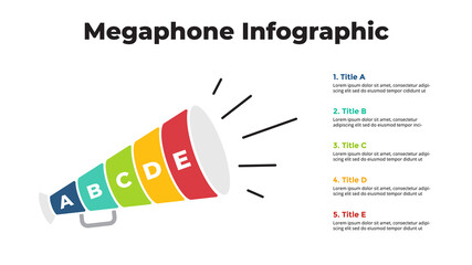 Megaphone Infographic for your presentation. Communication concept for loud speech. 5 options chart. Digital marketing. Business message. Shopping sale or discount. 