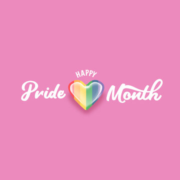 Happy pride month banner with heart and pride color flag isolated on pink background. Vector Pride month or pride day poster, flyer, invitation party card design template.
