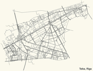 Black simple detailed street roads map on vintage beige background of the quarter Teika neighbourhood of Riga, Latvia