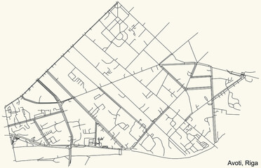Black simple detailed street roads map on vintage beige background of the quarter Avoti neighbourhood of Riga, Latvia