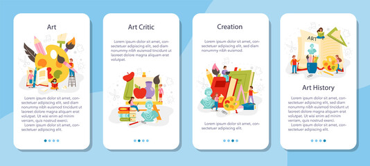 Art school education mobile application banner set. Student holding