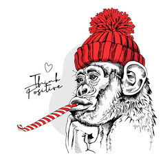 Funny Monkey in a red hipster knitted hat and with a whistle blowing. Think positive - lettering quote. Humor card, t-shirt composition, hand drawn style print. Vector illustration.