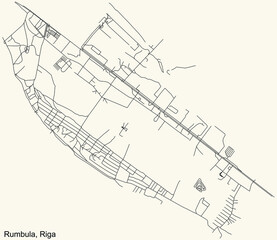 Black simple detailed street roads map on vintage beige background of the quarter Rumbula neighbourhood of Riga, Latvia