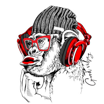 Funny Monkey in a hipster knitted hat, in a glasses and in a red headphones. Good vibes - lettering quote. Humor card, t-shirt composition, hand drawn style print. Vector illustration.