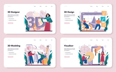 Designer 3D web banner or landing page set. Digital drawing