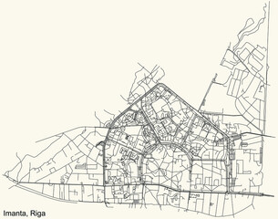 Black simple detailed street roads map on vintage beige background of the quarter Imanta neighbourhood of Riga, Latvia