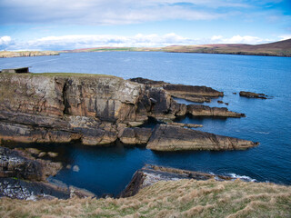Fractured rock strata on the Ness of Sound, Shetland, UK - Lerwick Sandstone Formation - Devonian...