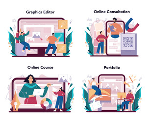 Advert designer online service or platform set. Artist creating an advertisment