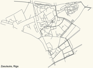 Black simple detailed street roads map on vintage beige background of the quarter Zasulauks neighbourhood of Riga, Latvia