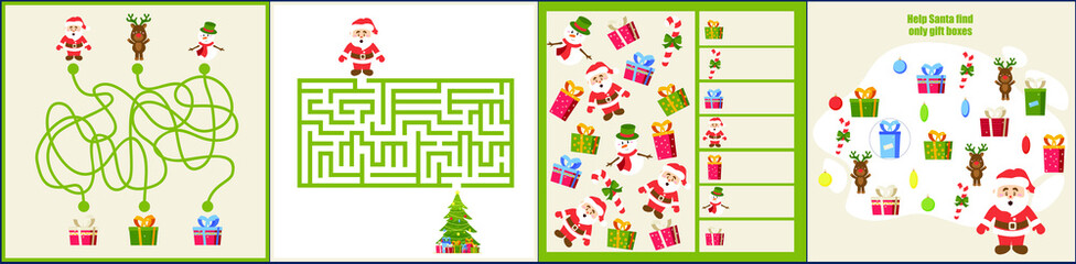 Christmas maze. I spy. Kids mini game for development.