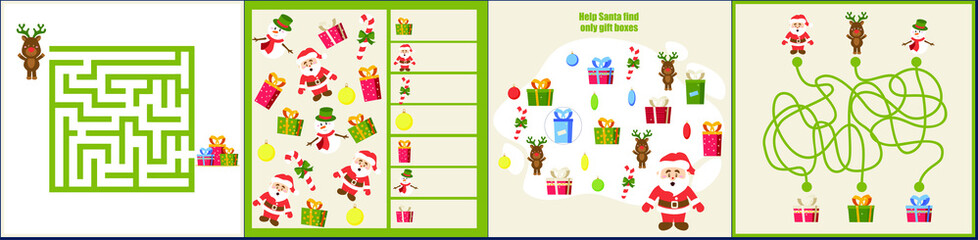 Christmas maze. I spy. Kids mini game for development.
