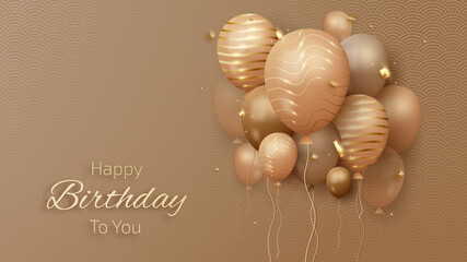 Happy birthday card with luxury balloons and ribbon. 3d realistic style. vector illustration for design.