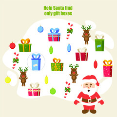 Christmas maze. Help Santa find only gift boxes. Kids mini game for development.
