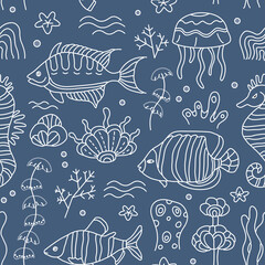 Seamless marine pattern with corals and fish. Trendy design for wallpaper, textile design, packing, fabric. Modern vibrant background. 