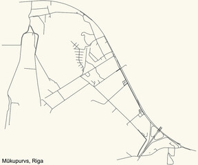 Black simple detailed street roads map on vintage beige background of the quarter Mūkupurvs neighbourhood of Riga, Latvia