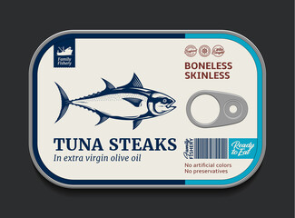 Canned tuna label template, vector fish tin can with label cover, packaging design concept