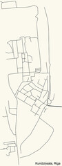 Black simple detailed street roads map on vintage beige background of the quarter Kundziņsala neighbourhood of Riga, Latvia