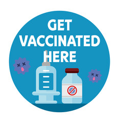 “Covid-19 (coronavirus) vaccine available here” logo mark illustration