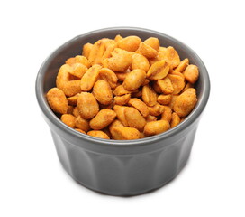 Spicy hot peanuts pile in ceramic bowl isolated on white background