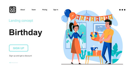 Birthday web concept. Man congratulates woman and gives gift, couple celebrates together at party. Template of people scenes. Vector illustration with character activities in flat design for website
