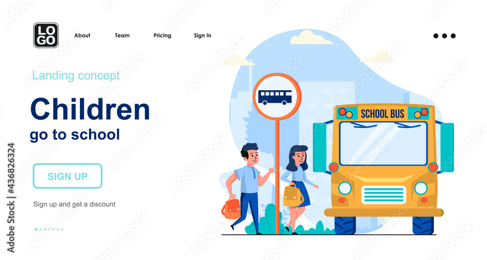 Aufkleber children go to school web concept. pupils boy and girl rush to school bus. students go to lessons. t