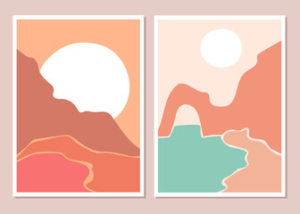 Abstract contemporary aesthetic backgrounds seascapes set with Sun, sunset, sea, mountains. Earth tones, pastel colors. Boho wall decor. Mid century modern minimalist art print. Flat abstract design.