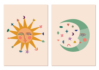 Abstract contemporary aesthetic  backgrounds set with Sun and Moon. Pastel colors. Magic symbols. Celestial Boho wall decor. Mid century modern minimalist art print. Flat abstract design.