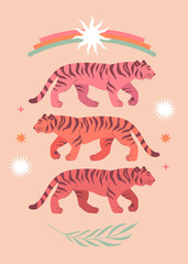 Cute Tigers, Sun, palm tree, stars, Sun. Modern abstract art. Boho style. Mid Century print. Cosmic minimalistic scene. Protect wild animals poster. Magic concept. Vintage inspired art 