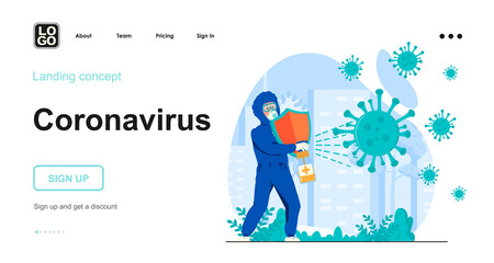 Coronavirus web concept. Medic in protective suit fights with viral infection using disinfection. Template of people scenes. Vector illustration with character activities in flat design for website