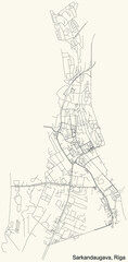 Black simple detailed street roads map on vintage beige background of the quarter Sarkandaugava neighbourhood of Riga, Latvia