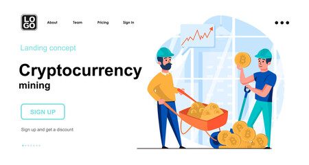 Cryptocurrency mining web concept. Miners increase their financial income, bitcoin technology. Template of people scenes. Vector illustration with character activities in flat design for website