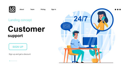 Customer support web concept. Operator takes calls from clients, processes applications online. Template of people scenes. Vector illustration with character activities in flat design for website