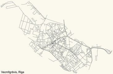 Black simple detailed street roads map on vintage beige background of the quarter Vecmīlgrāvis neighbourhood of Riga, Latvia