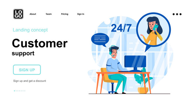 Customer support web concept. Operator takes calls from clients, processes applications online. Template of people scenes. Vector illustration with character activities in flat design for website