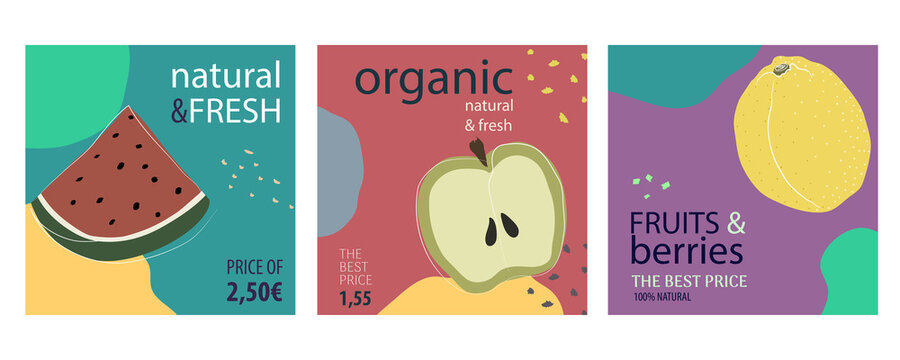 Collection of square banners with fruits. Vectorial illustration with drawn lemon, watermelon and apple. Minimalistic and abstract flat style. Suitable for ads, social media marketing and brochures.