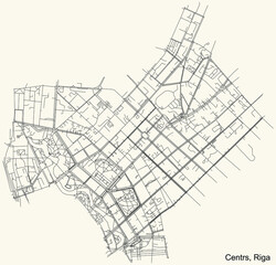 Black simple detailed street roads map on vintage beige background of the quarter Centrs neighbourhood of Riga, Latvia