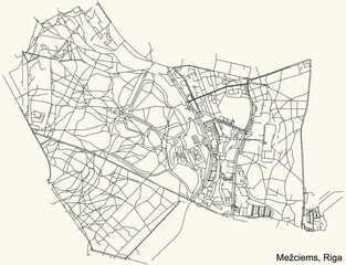 Black simple detailed street roads map on vintage beige background of the quarter Mežciems neighbourhood of Riga, Latvia
