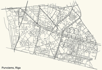 Black simple detailed street roads map on vintage beige background of the quarter Purvciems neighbourhood of Riga, Latvia